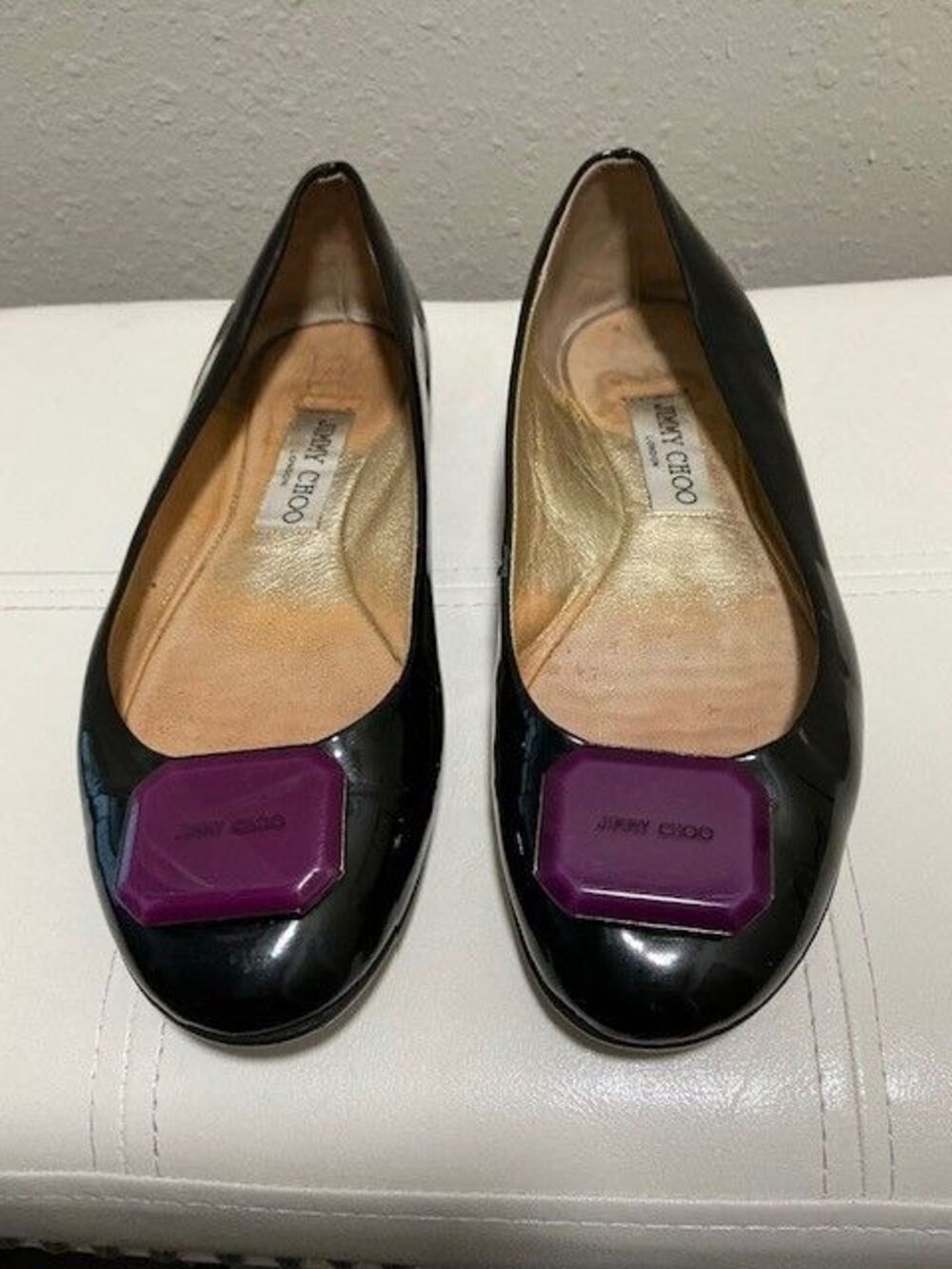Jimmy Choo Black Patent Leather Ballet Flats with Purple Toe Accent & Heel Logo - Picture 1 of 8